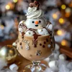 Baileys Snowman Ice Cream Cocktail topped with whipped cream and festive decorations.