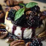 Balsamic Blackberry Basil Brie with Pecans served on a wooden board