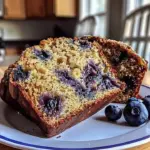 Freshly baked Banana Blueberry Bread topped with blueberries and banana slices