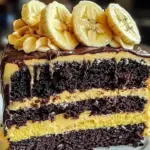 Delicious Banana Chocolate Layer Cake with rich chocolate frosting and banana slices