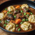 Delicious beef and dumplings served in a rich broth with herbs.