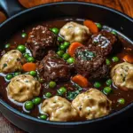 Savory plate of beef and dumplings served with herbs and spices.