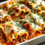 Beefy zesty lasagna rolls dish topped with melted cheese and herbs
