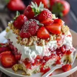 Delicious Berry Crunch Poke Cake topped with fresh berries and whipped cream