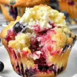 Freshly baked berry-infused cream cheese muffins on a rustic wooden table.