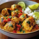 Delicious Brazilian Coconut Chicken served on a plate with fresh herbs.