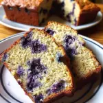 Freshly baked blueberry banana bread sliced and served on a wooden board.