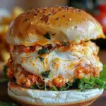 Buffalo Chicken Lasagna Burger fusion dish on a plate with garnishes
