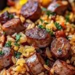 Cajun Sausage Rice Skillet with vibrant spices and fresh ingredients