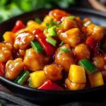 Cantonese Sweet and Sour Chicken dish with colorful vegetables and sauce