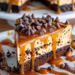 Delicious caramel swirl brownie cheesecake topped with rich chocolate and caramel.