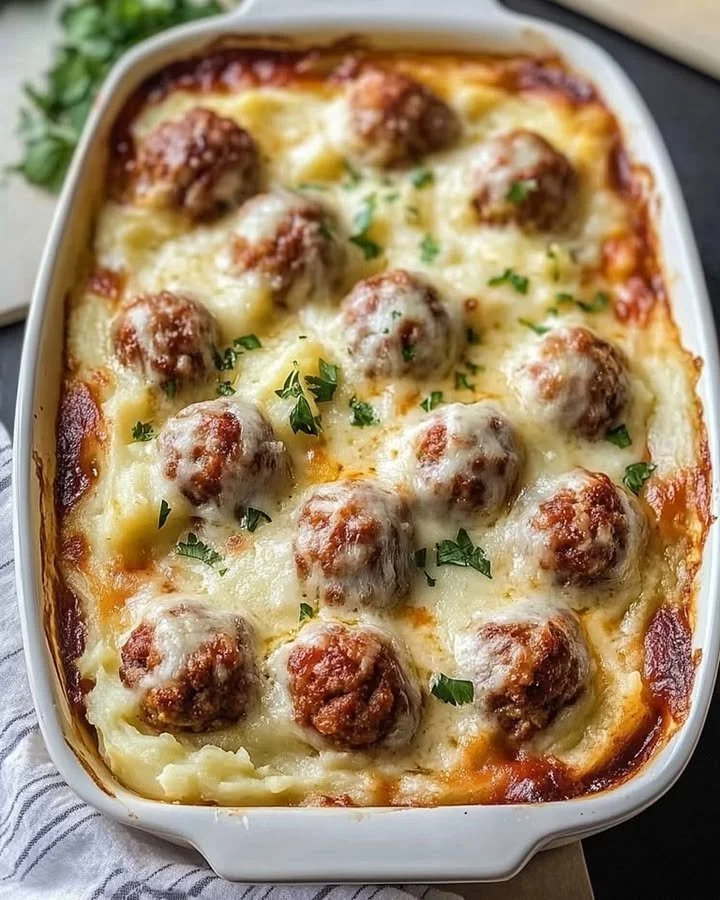 Casserole Loaded Mashed Potatoes and Meatballs