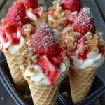 Delicious cheesecake cones topped with strawberry crunch