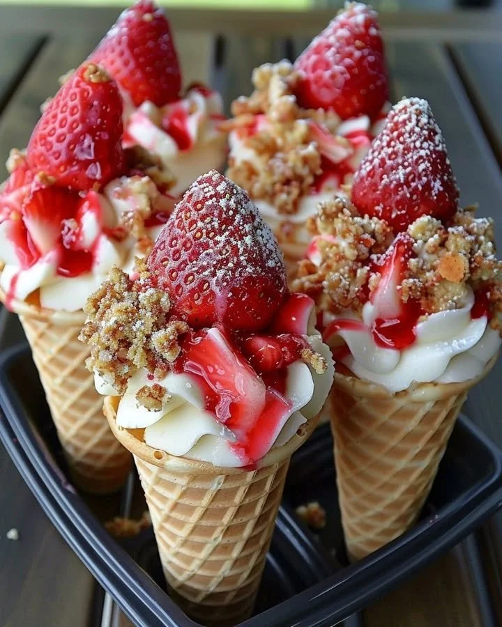 Cheesecake Cones with Strawberry Crunch