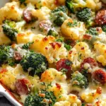 Cheesy broccoli cauliflower bake dish served in a casserole dish