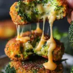 Cheesy broccoli patties stacked on a plate, golden and crispy