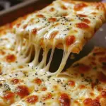 Cheesy garlic breadsticks served on a wooden board with melted cheese and herbs