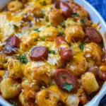 Cheesy Hot Dog Tater Tot Bake served in a baking dish with melted cheese