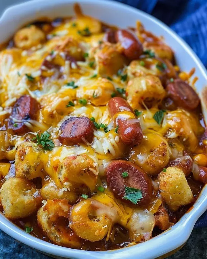 Cheesy Hot Dog Tater Tot Bake