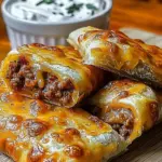 Delicious cheesy taco sticks served on a plate with dipping sauce