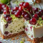 Cherry Pistachio Lemon Lime Cheesecake with fresh cherries and pistachios
