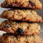 Chewy oatmeal cookies with chocolate raisins on a cooling rack