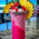 Chilled Dragon Fruit Colada cocktail garnished with fruit