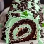 Chocolate Mint Chip Cake Roll dessert with mint and chocolate swirl