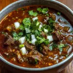 Bowl of classic Mexican Birria Stew garnished with herbs and lime