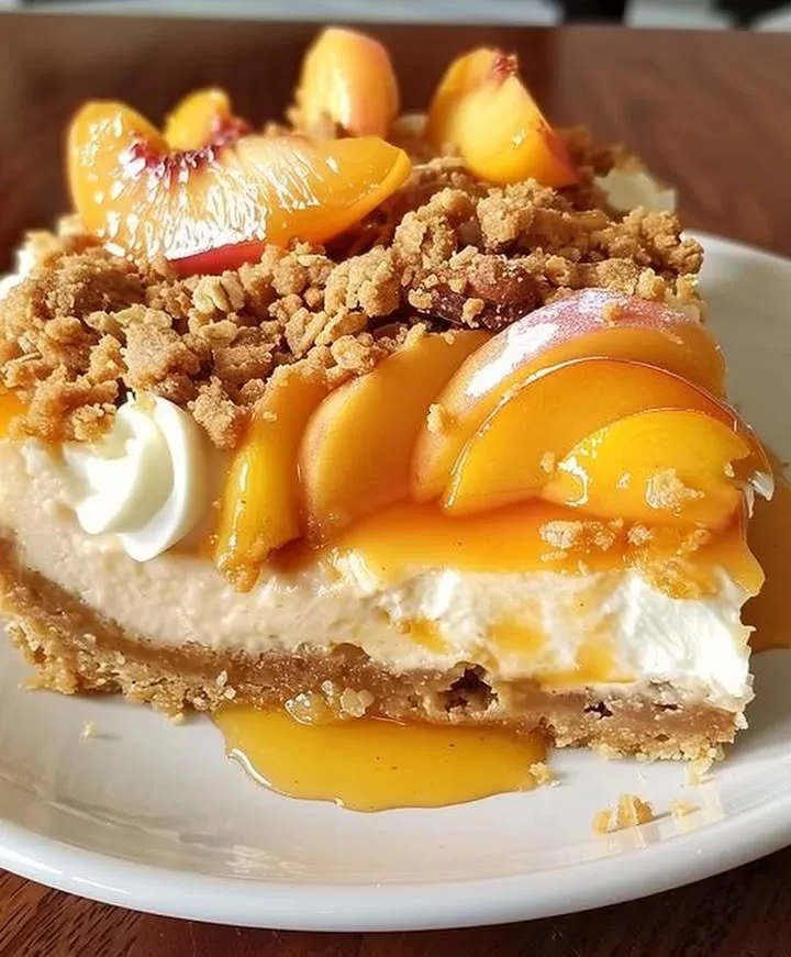 Cobbler Peach Cheesecake Fusion with creamy layers and fresh peach topping