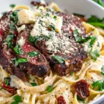 Plate of creamy Steak Gorgonzola Alfredo with fresh herbs and Parmesan cheese