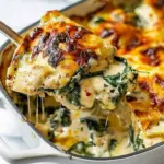 Cream Cheese Chicken Casserole with spinach served in a baking dish