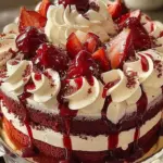 Slice of cream cheese frosted red velvet cake on a plate