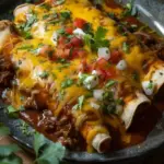 Creamy beef enchiladas topped with melted cheese, served on a plate.