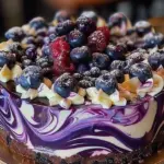 Creamy blueberry swirl cheesecake topped with fresh blueberries and swirls