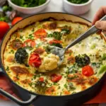 Creamy broccoli and cauliflower medley served in a dish, garnished with herbs.