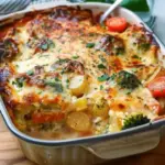 Creamy broccoli potato bake dish topped with cheese and herbs