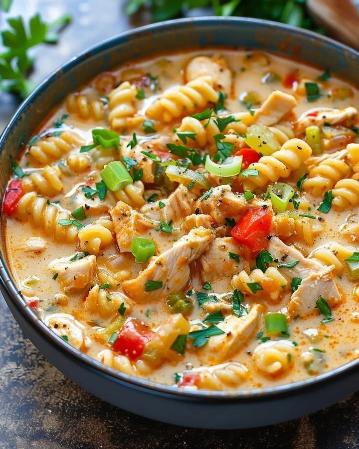 Creamy Cajun Parmesan Chicken Pasta Soup