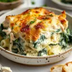 Creamy chicken and spinach bake ready to serve, a delicious and hearty dish.