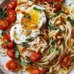 Creamy chicken pasta with roasted tomatoes on a plate, garnished with herbs