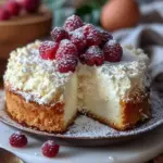 Slice of creamy coconut ricotta cake topped with coconut flakes and fresh fruit