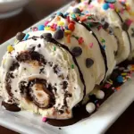 Creamy cookie dough ice cream rolls on a wooden table with chocolate chips