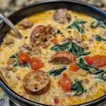 Bowl of creamy Italian sausage Parmesan soup garnished with herbs.