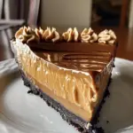 Delicious creamy peanut butter pie topped with whipped cream and chocolate