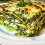 Delicious creamy pesto ricotta lasagna fresh from the oven, garnished with basil.