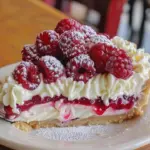 Creamy raspberry cheesecake pie with fresh raspberries and a graham cracker crust