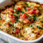 Creamy salsa chicken bake topped with cheese and fresh herbs