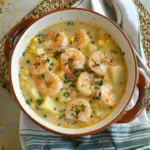 Bowl of creamy shrimp potato chowder garnished with herbs