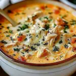Bowl of creamy slow cooker chicken parmesan soup with fresh herbs