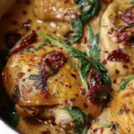 Creamy slow cooker Tuscan chicken served with herbs and vegetables